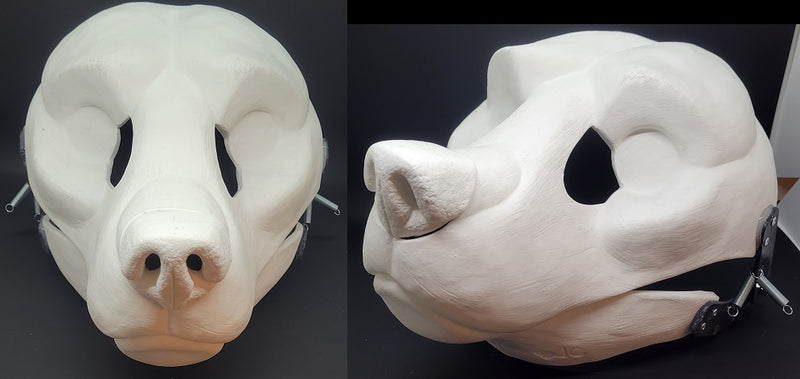 Máscara de resina de oso cortada y con bisagras en blanco
